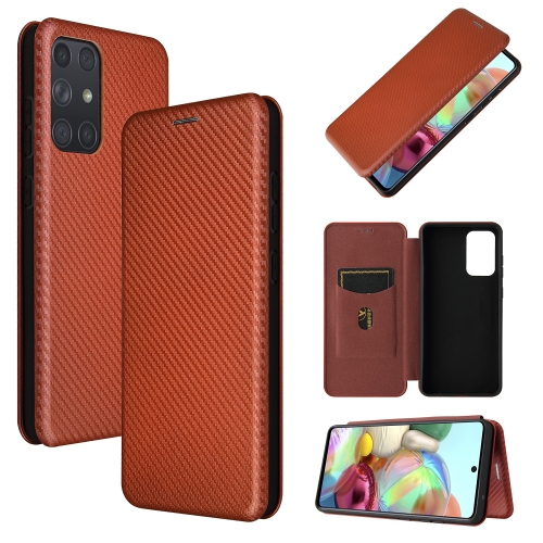 

For Samsung Galaxy A72 5G / 4G Carbon Fiber Texture Magnetic Horizontal Flip TPU + PC + PU Leather Case with Card Slot(Brown)