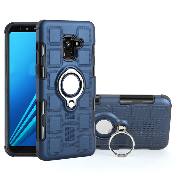 

For Galaxy A8 (2018) 2 In 1 Cube PC + TPU Protective Case with 360 Degrees Rotate Silver Ring Holder(Navy Blue)