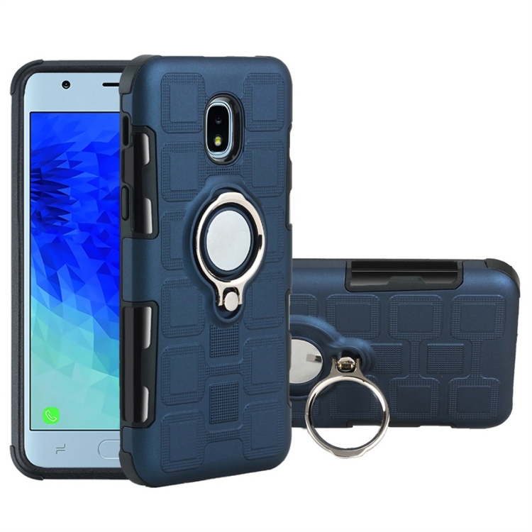

For Galaxy J3 (2018) US Version 2 In 1 Cube PC + TPU Protective Case with 360 Degrees Rotate Silver Ring Holder(Navy Blue)