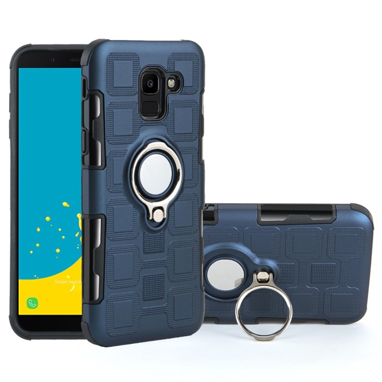 

For Galaxy J6 (2018) 2 In 1 Cube PC + TPU Protective Case with 360 Degrees Rotate Silver Ring Holder(Navy Blue)
