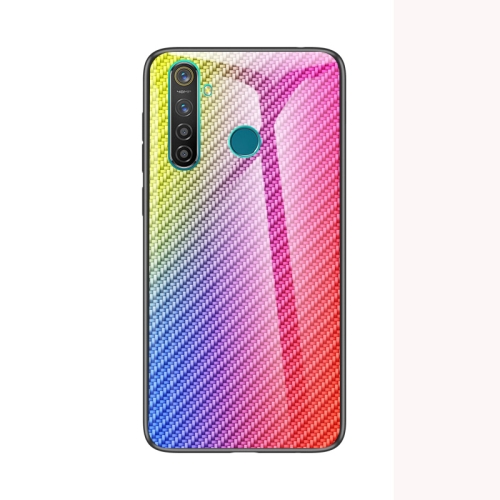 

For OPPO Realme 5 Carbon Fiber Gradient Color Glass Case(Rose Red)
