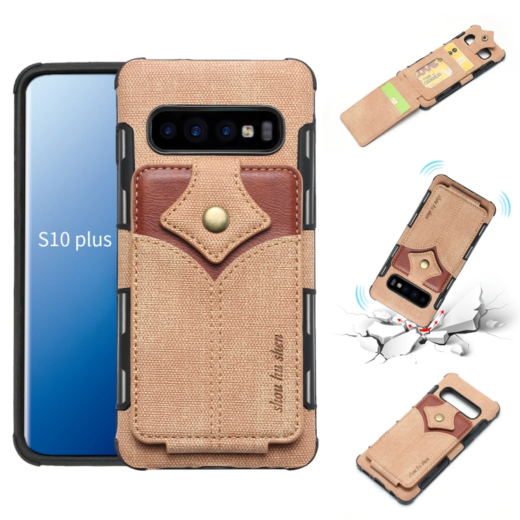 

For Galaxy S10+ Cloth Texture + PU + TPU Shockproof Protective Case with Card Slots(Khaki)