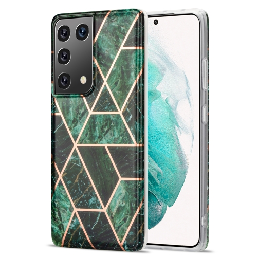 

For Samsung Galaxy S21 Ultra 5G Electroplating Stitching Marbled IMD Stripe Straight Edge Rubik Cube Phone Protective Case(Emerald Green)