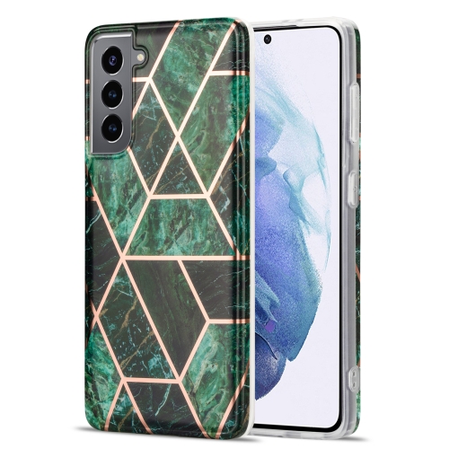 

For Samsung Galaxy S21+ 5G Electroplating Stitching Marbled IMD Stripe Straight Edge Rubik Cube Phone Protective Case(Emerald Green)