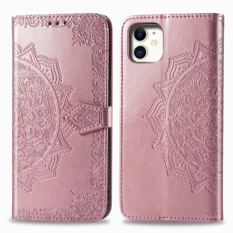 

For iPhone 11 Halfway Mandala Embossing Pattern Horizontal Flip Leather Case with Holder & Card Slots & Wallet & Lanyard(Rose Gold)