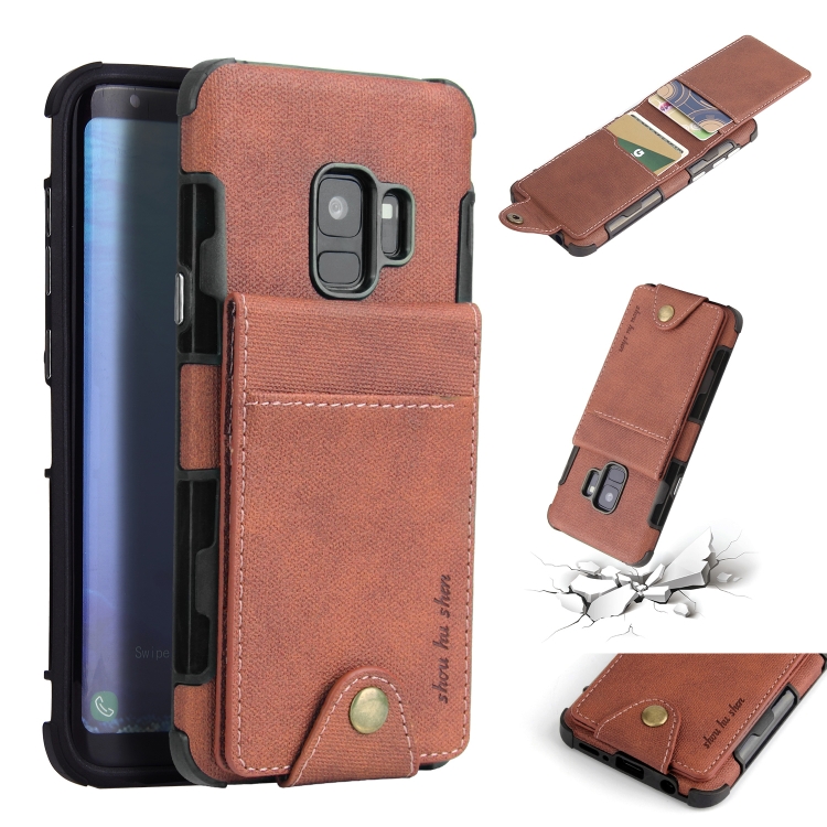 

For Galaxy S9 Cloth Texture + TPU Shockproof Protective Case with Vertical Flip Card Slots(Brown)