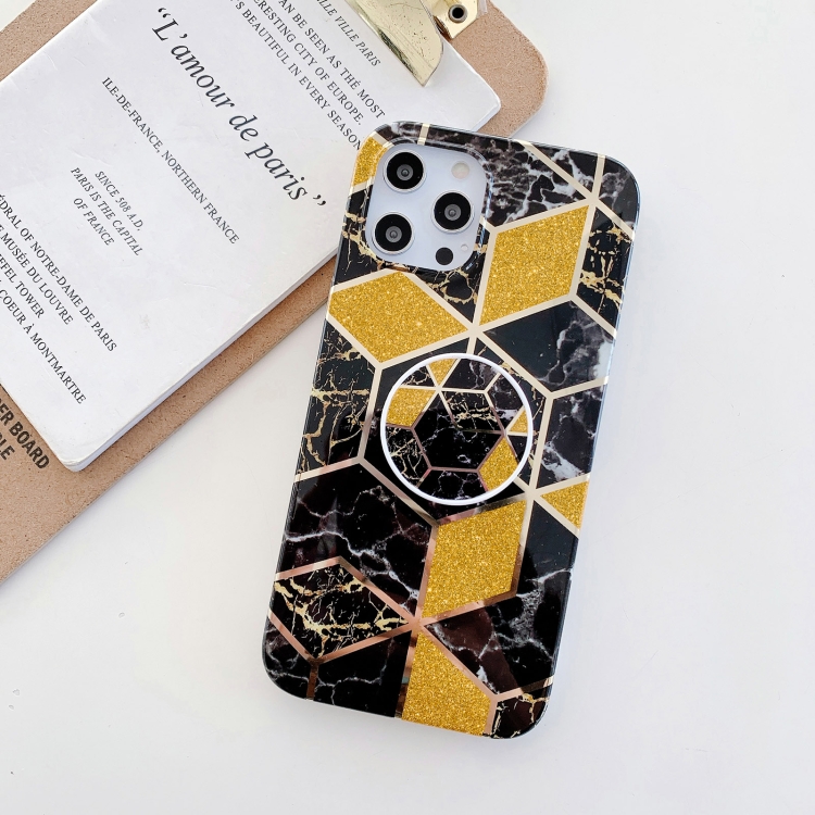 

Glitter Powder Electroplated Marble TPU Protective Case with Foldable Holder For iPhone 12 mini(Black)