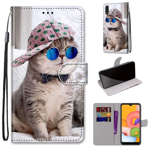 

For Samsung Galaxy A01 Coloured Drawing Cross Texture Horizontal Flip PU Leather Case with Holder & Card Slots & Wallet & Lanyard(Oblique Hat Blue Mirror Cat)