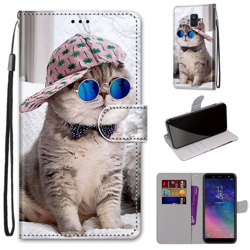 

For Samsung Galaxy A6 2018 Coloured Drawing Cross Texture Horizontal Flip PU Leather Case with Holder & Card Slots & Wallet & Lanyard(Oblique Hat Blue Mirror Cat)