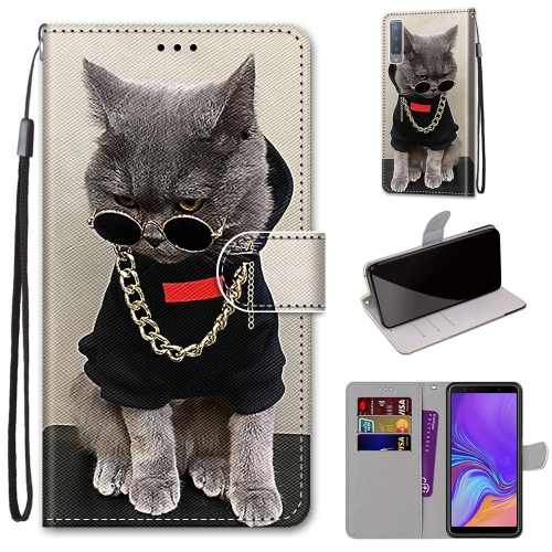 

For Samsung Galaxy A7 2018 Coloured Drawing Cross Texture Horizontal Flip PU Leather Case with Holder & Card Slots & Wallet & Lanyard(Golden Chain Grey Cat)