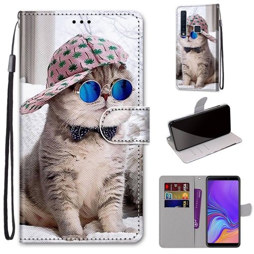 

For Samsung Galaxy A9 2018 Coloured Drawing Cross Texture Horizontal Flip PU Leather Case with Holder & Card Slots & Wallet & Lanyard(Oblique Hat Blue Mirror Cat)