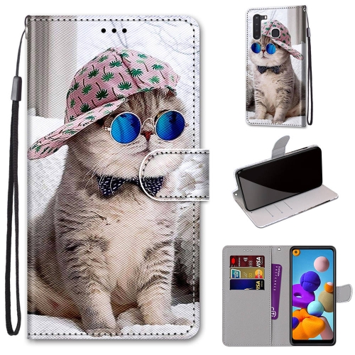 

For Samsung Galaxy A21 Coloured Drawing Cross Texture Horizontal Flip PU Leather Case with Holder & Card Slots & Wallet & Lanyard(Oblique Hat Blue Mirror Cat)