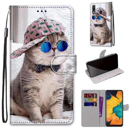 

For Samsung Galaxy A30 & A20 Coloured Drawing Cross Texture Horizontal Flip PU Leather Case with Holder & Card Slots & Wallet & Lanyard(Oblique Hat Blue Mirror Cat)