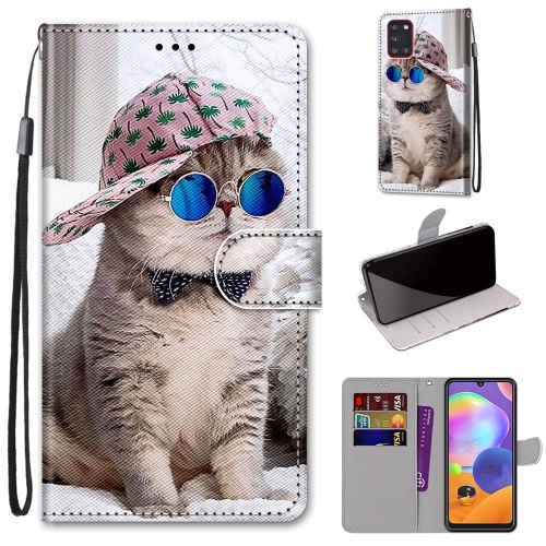 

For Samsung Galaxy A31 Coloured Drawing Cross Texture Horizontal Flip PU Leather Case with Holder & Card Slots & Wallet & Lanyard(Oblique Hat Blue Mirror Cat)