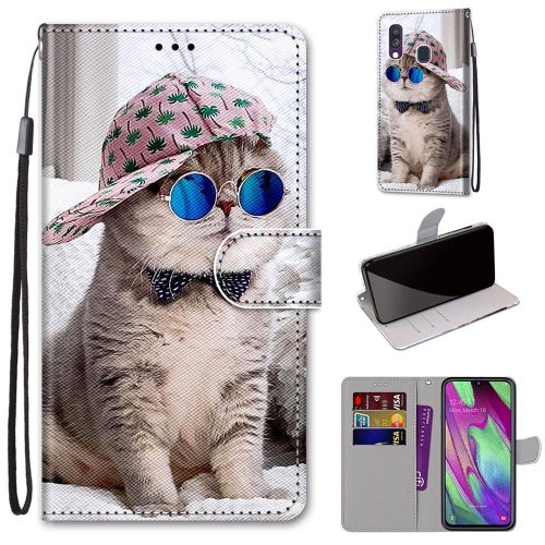 

For Samsung Galaxy A40 Coloured Drawing Cross Texture Horizontal Flip PU Leather Case with Holder & Card Slots & Wallet & Lanyard(Oblique Hat Blue Mirror Cat)