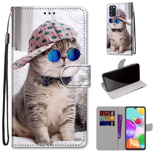 

For Samsung Galaxy A41 Coloured Drawing Cross Texture Horizontal Flip PU Leather Case with Holder & Card Slots & Wallet & Lanyard(Oblique Hat Blue Mirror Cat)