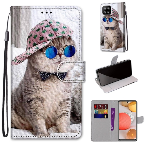 

For Samsung Galaxy A42 5G Coloured Drawing Cross Texture Horizontal Flip PU Leather Case with Holder & Card Slots & Wallet & Lanyard(Oblique Hat Blue Mirror Cat)