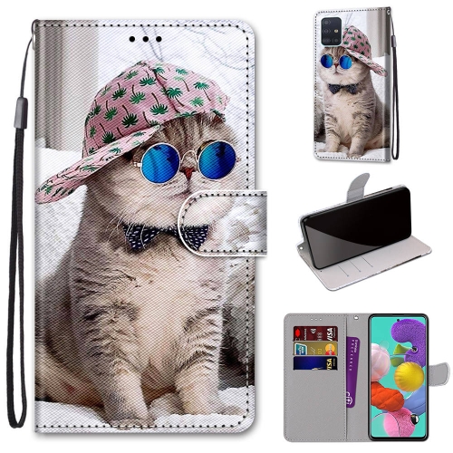 

For Samsung Galaxy A51 Coloured Drawing Cross Texture Horizontal Flip PU Leather Case with Holder & Card Slots & Wallet & Lanyard(Oblique Hat Blue Mirror Cat)