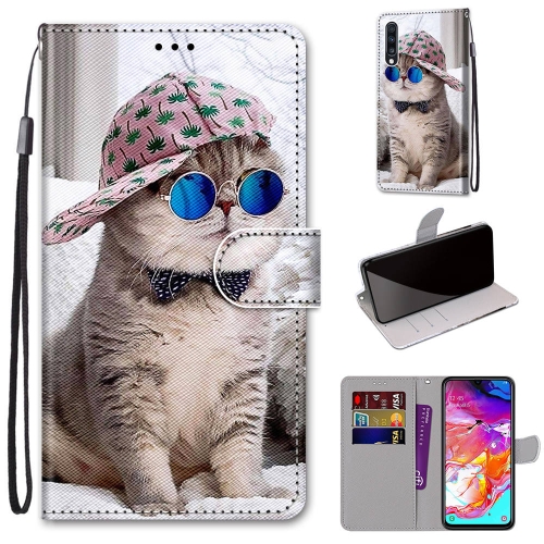 

For Samsung Galaxy A70 Coloured Drawing Cross Texture Horizontal Flip PU Leather Case with Holder & Card Slots & Wallet & Lanyard(Oblique Hat Blue Mirror Cat)