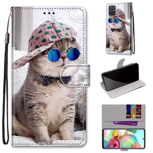 

For Samsung Galaxy A71 Coloured Drawing Cross Texture Horizontal Flip PU Leather Case with Holder & Card Slots & Wallet & Lanyard(Oblique Hat Blue Mirror Cat)