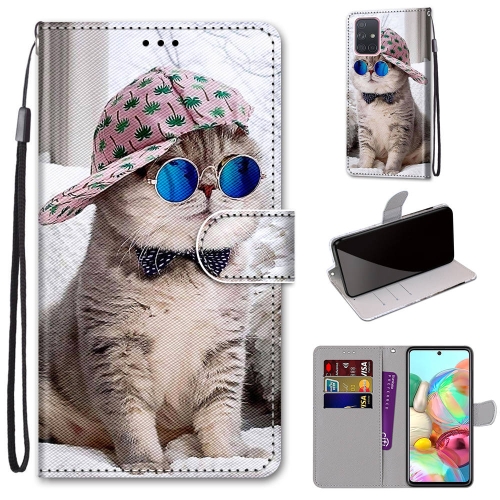 

For Samsung Galaxy A71 5G Coloured Drawing Cross Texture Horizontal Flip PU Leather Case with Holder & Card Slots & Wallet & Lanyard(Oblique Hat Blue Mirror Cat)