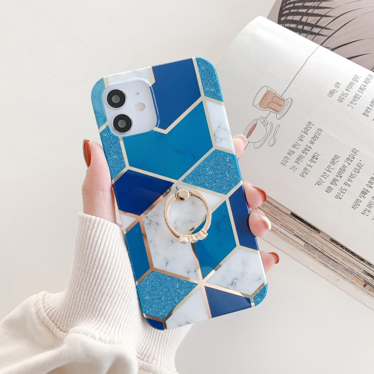 

Glitter Powder Electroplated Marble TPU Protective Case with Ring Holder For iPhone 12 Pro Max(Blue)