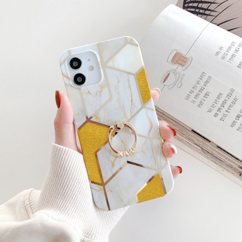 

Glitter Powder Electroplated Marble TPU Protective Case with Ring Holder For iPhone 11(White)