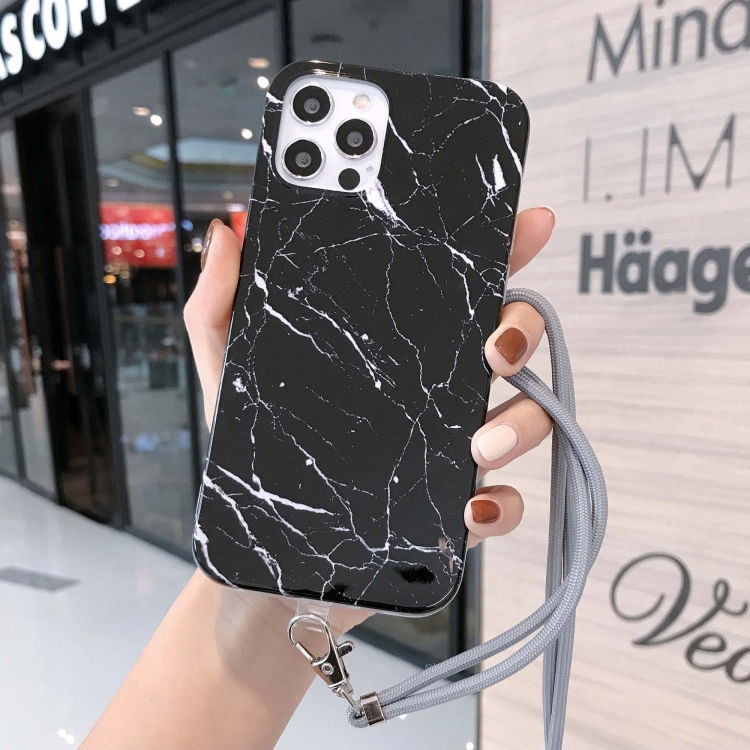 

Marbled IMD Shockproof TPU Protective Case with Lanyard For iPhone 12 Mini(Black)