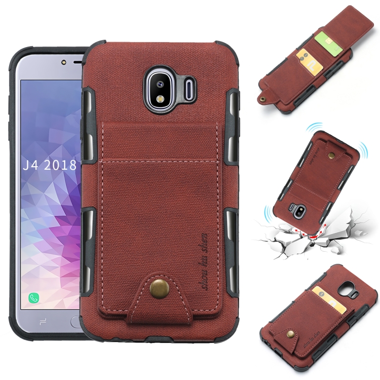 

For Galaxy J4 (2018) Cloth Texture + TPU Shockproof Protective Case with Vertical Flip Card Slots(Brown)