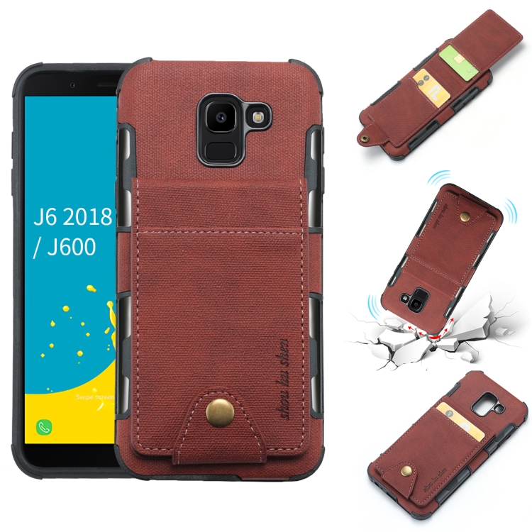 

For Galaxy J6 (2018) Cloth Texture + TPU Shockproof Protective Case with Vertical Flip Card Slots(Brown)