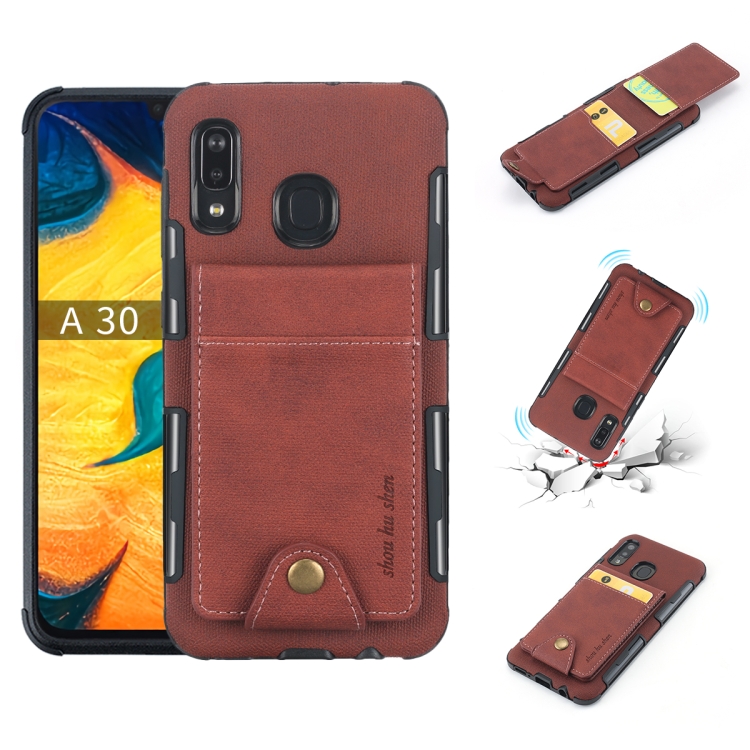 

For Galaxy A30 Cloth Texture + TPU Shockproof Protective Case with Vertical Flip Card Slots(Brown)