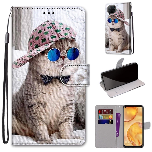 

For Huawei nova 6 SE / P40 Lite Coloured Drawing Cross Texture Horizontal Flip PU Leather Case with Holder & Card Slots & Wallet & Lanyard(B20 Slant Hat Blue Mirror Cat)