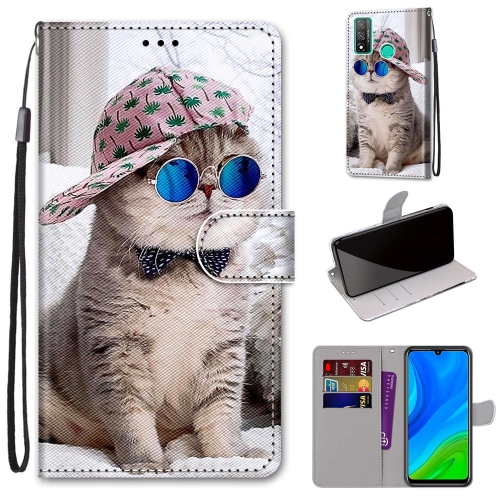 

For Huawei P smart 2020 Coloured Drawing Cross Texture Horizontal Flip PU Leather Case with Holder & Card Slots & Wallet & Lanyard(B20 Slant Hat Blue Mirror Cat)