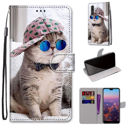 

For Huawei P20 Pro Coloured Drawing Cross Texture Horizontal Flip PU Leather Case with Holder & Card Slots & Wallet & Lanyard(B20 Slant Hat Blue Mirror Cat)