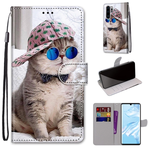 

For Huawei P30 Pro Coloured Drawing Cross Texture Horizontal Flip PU Leather Case with Holder & Card Slots & Wallet & Lanyard(B20 Slant Hat Blue Mirror Cat)