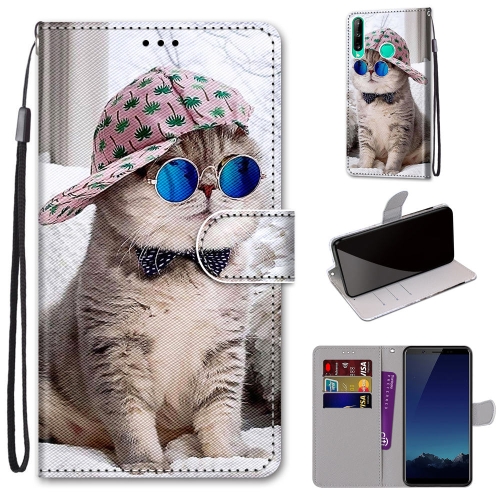 

For Huawei P40 Lite E / Y7p Coloured Drawing Cross Texture Horizontal Flip PU Leather Case with Holder & Card Slots & Wallet & Lanyard(B20 Slant Hat Blue Mirror Cat)