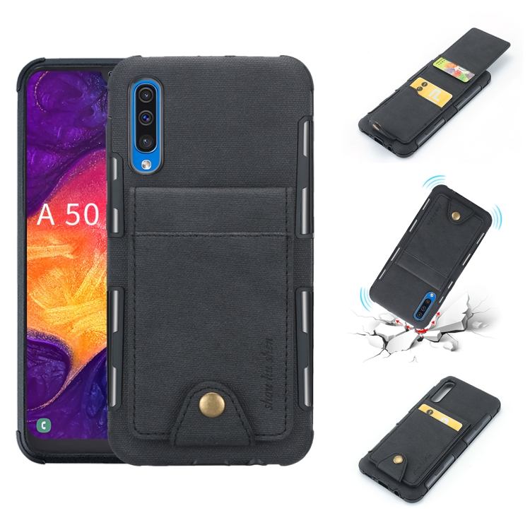 

For Galaxy A50 Cloth Texture + TPU Shockproof Protective Case with Vertical Flip Card Slots(Black)