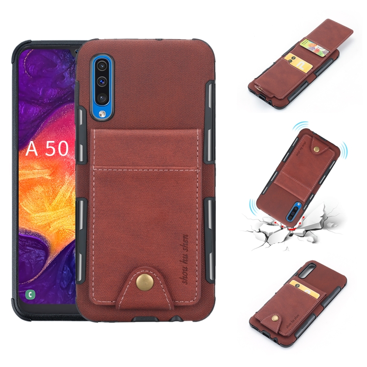 

For Galaxy A50 Cloth Texture + TPU Shockproof Protective Case with Vertical Flip Card Slots(Brown)