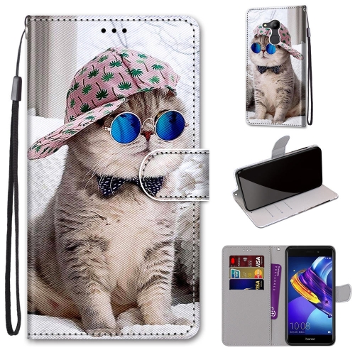 

For Huawei Honor V9 Play Coloured Drawing Cross Texture Horizontal Flip PU Leather Case with Holder & Card Slots & Wallet & Lanyard(B20 Slant Hat Blue Mirror Cat)