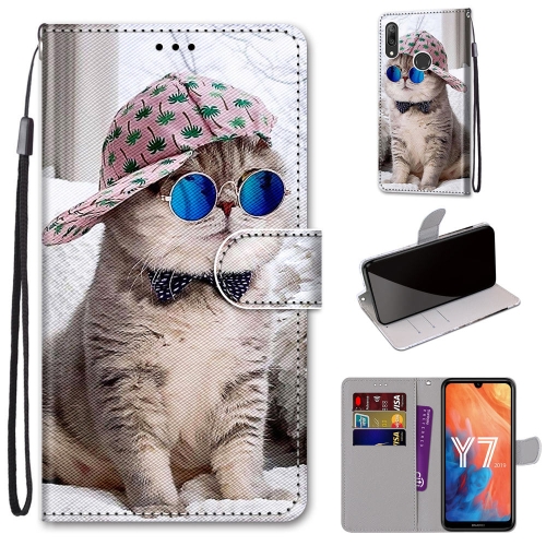 

For Huawei Y7 (2019) / Enjoy 9 Coloured Drawing Cross Texture Horizontal Flip PU Leather Case with Holder & Card Slots & Wallet & Lanyard(B20 Slant Hat Blue Mirror Cat)