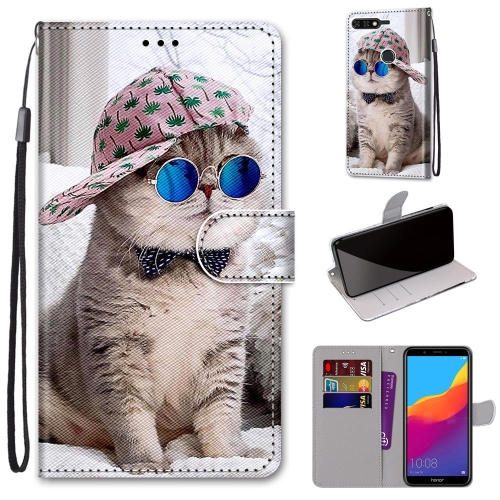 

For Huawei Y7 (2018) / Enjoy 8 Coloured Drawing Cross Texture Horizontal Flip PU Leather Case with Holder & Card Slots & Wallet & Lanyard(B20 Slant Hat Blue Mirror Cat)