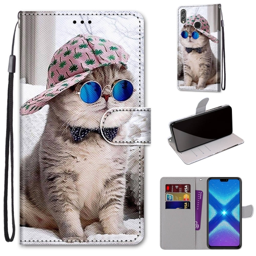 

For Huawei Honor 8X Coloured Drawing Cross Texture Horizontal Flip PU Leather Case with Holder & Card Slots & Wallet & Lanyard(B20 Slant Hat Blue Mirror Cat)