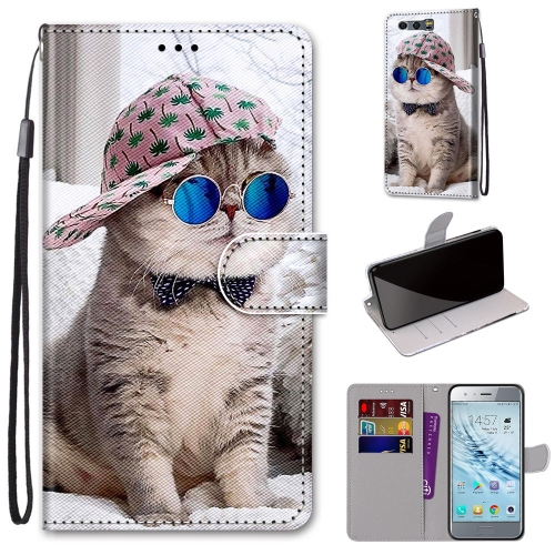 

For Huawei Honor 9 Coloured Drawing Cross Texture Horizontal Flip PU Leather Case with Holder & Card Slots & Wallet & Lanyard(B20 Slant Hat Blue Mirror Cat)