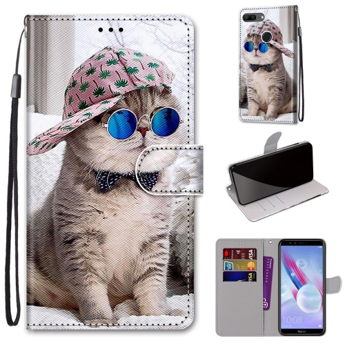

For Huawei Honor 9 Lite Coloured Drawing Cross Texture Horizontal Flip PU Leather Case with Holder & Card Slots & Wallet & Lanyard(B20 Slant Hat Blue Mirror Cat)