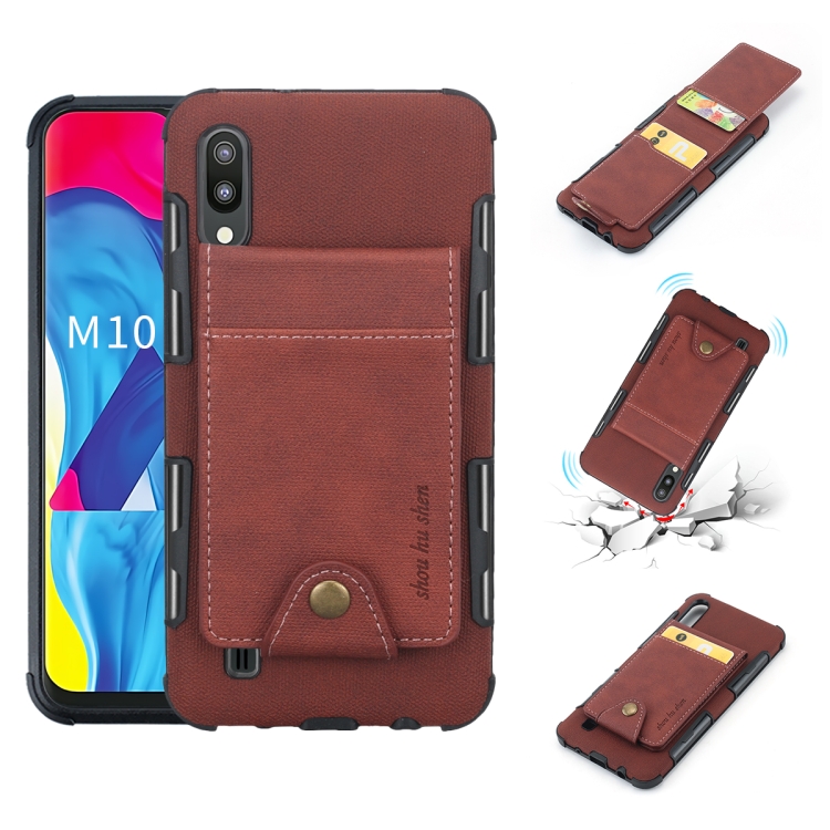

For Galaxy M10 Cloth Texture + TPU Shockproof Protective Case with Vertical Flip Card Slots(Brown)
