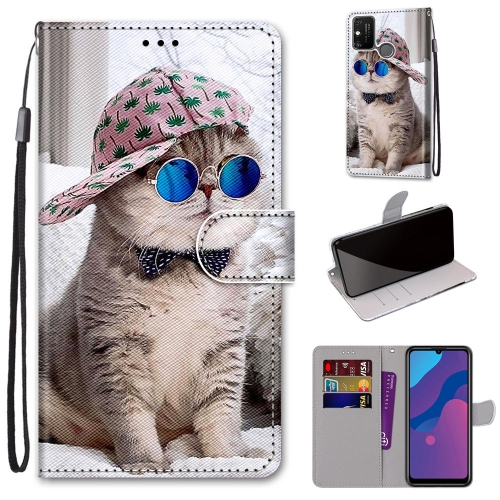 

For Huawei Honor 9A Coloured Drawing Cross Texture Horizontal Flip PU Leather Case with Holder & Card Slots & Wallet & Lanyard(B20 Slant Hat Blue Mirror Cat)