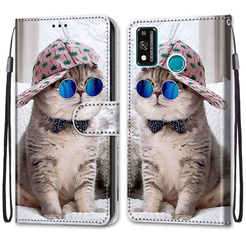 

For Huawei Honor 9X Lite Coloured Drawing Cross Texture Horizontal Flip PU Leather Case with Holder & Card Slots & Wallet & Lanyard(B20 Slant Hat Blue Mirror Cat)