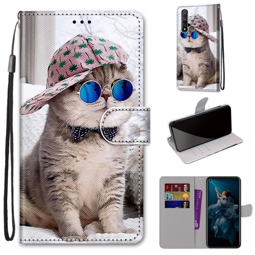 

For Huawei Honor 20 Coloured Drawing Cross Texture Horizontal Flip PU Leather Case with Holder & Card Slots & Wallet & Lanyard(B20 Slant Hat Blue Mirror Cat)