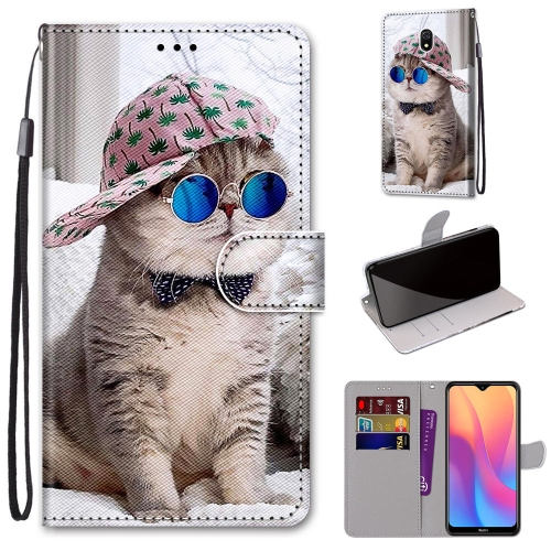 

For Xiaomi Redmi 8A Coloured Drawing Cross Texture Horizontal Flip PU Leather Case with Holder & Card Slots & Wallet & Lanyard(Slant Hat Blue Mirror Cat)