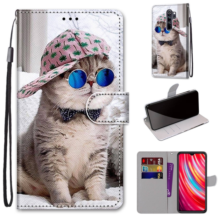 

For Xiaomi Redmi Note 8 Pro Coloured Drawing Cross Texture Horizontal Flip PU Leather Case with Holder & Card Slots & Wallet & Lanyard(Slant Hat Blue Mirror Cat)